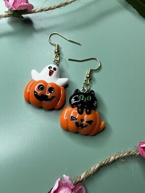 Mismatch Halloween Black Cat and Ghost Peeking Out of Pumpkin Handmade Earrings